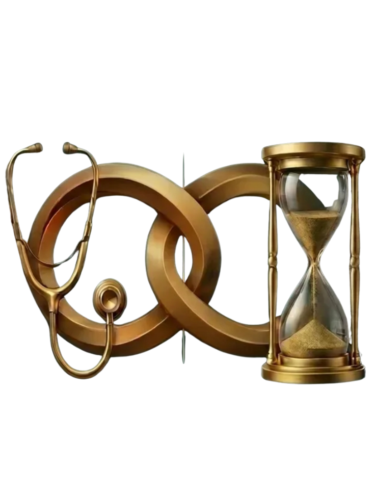 Gold stethoscope and hourglass - Healthcare meets time efficiency - WriteRight PCM+ Clinical Documentation
